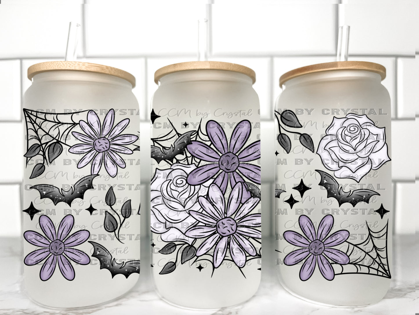 Purple Floral Halloween UV Transfer 16oz Libby Glass Can Wrap Ready to Apply