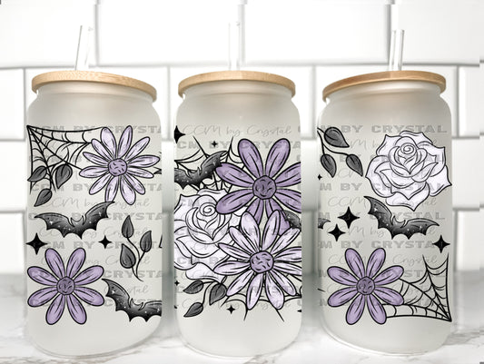 Purple Floral Halloween UV Transfer 16oz Libby Glass Can Wrap Ready to Apply