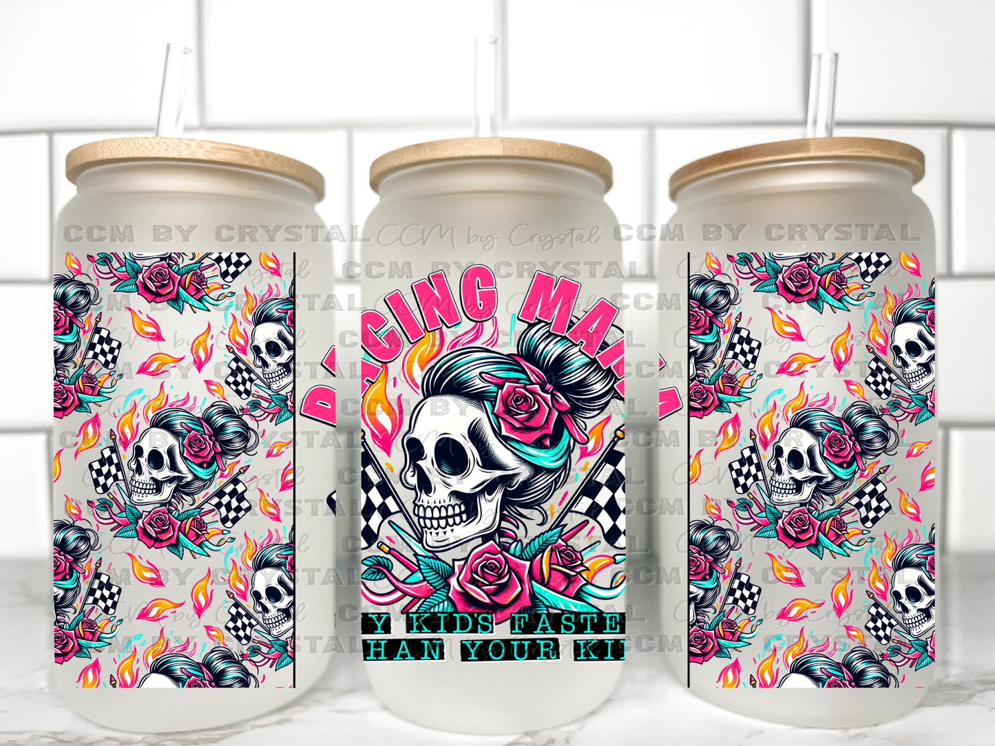 Racing Mama UV Transfer 16oz Libby Glass Can Wrap Ready to Apply