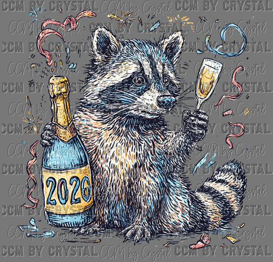 Racoon Happy New Year 2026 Ready to Press Transfer DTF Transfer Sublimation Transfer