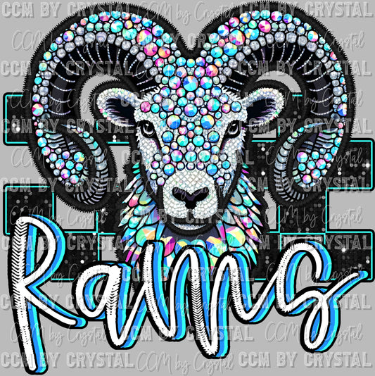 Rams Mascot Faux Rhinestone Effect Ready to Press Transfer DTF Transfer Sublimation Transfer