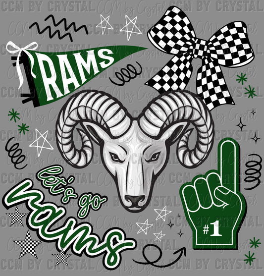 Let's Go Rams Green Mascot Sports Ready to Press Transfer DTF Transfer