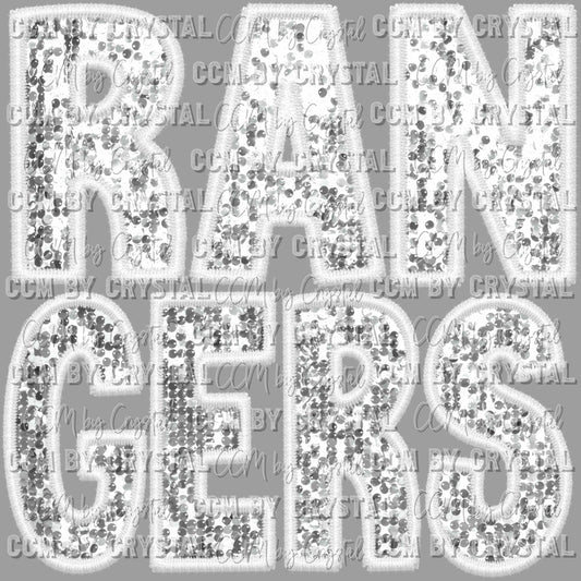 Rangers White Mascot Faux Sequins Faux Embroidery Mascot Ready to Press Transfer