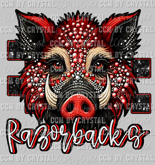 Razorbacks Mascot Faux Rhinestone Effect Ready to Press Transfer DTF Transfer Sublimation Transfer
