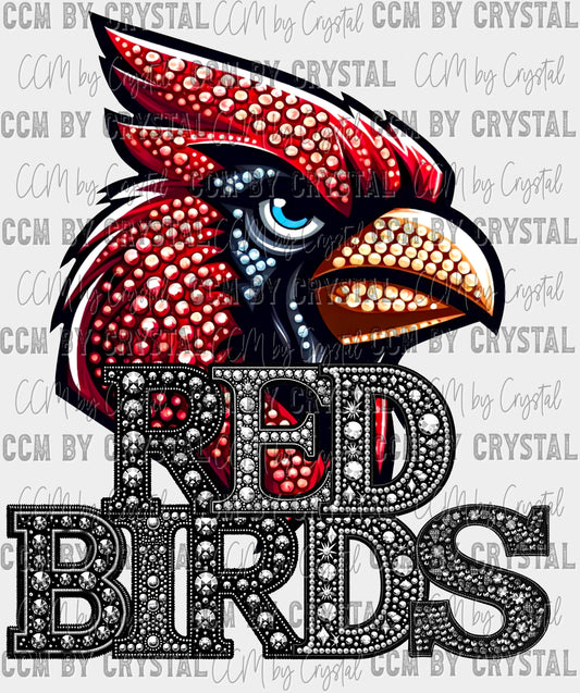 Red Birds Mascot Faux Rhinestone Effect Ready to Press Transfer DTF Transfer Sublimation Transfer