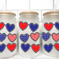 Red White and Blue Hearts UV DTF Transfer 16oz Libby Glass Can Wrap Ready to Apply