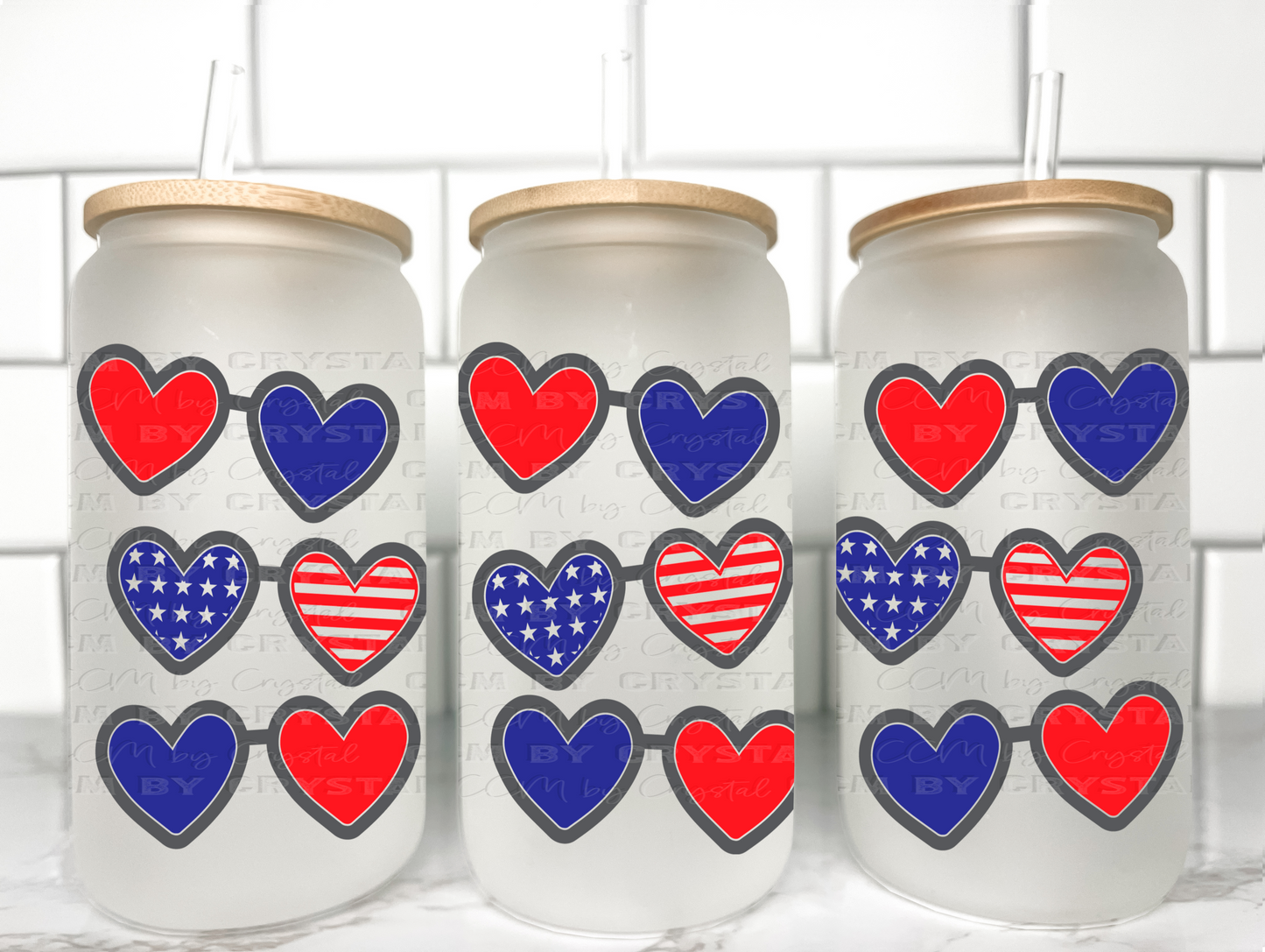 Red White and Blue Hearts UV DTF Transfer 16oz Libby Glass Can Wrap Ready to Apply