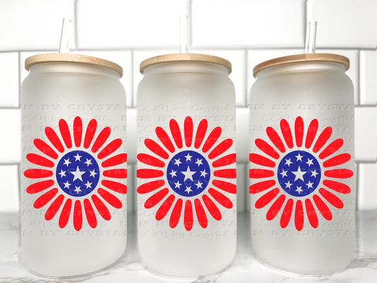 Red White and Blue Flowers UV DTF Transfer 16oz Libby Glass Can Wrap Ready to Apply