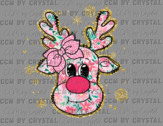 Reindeer Flowers Floral Bow Faux Glitter Winter Ready to Press Transfer DTF Transfer Sublimation Transfer