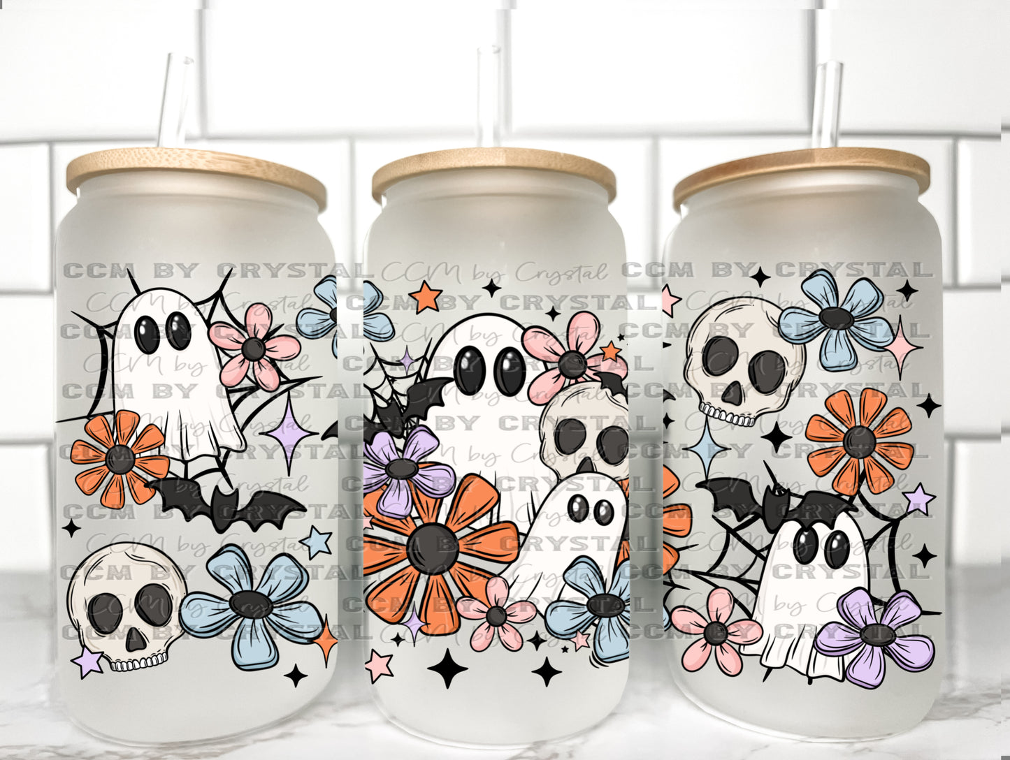 Retro Ghosts Halloween UV Transfer 16oz Libby Glass Can Wrap Ready to Apply