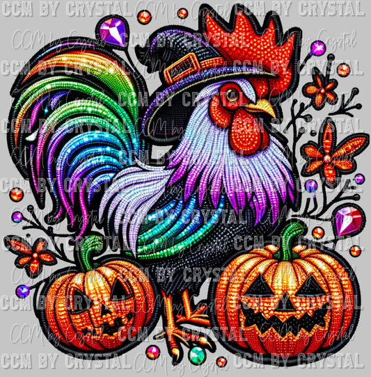 Halloween Rooster Faux Rhinestone Faux Embroidery Effect Ready to Press Transfer