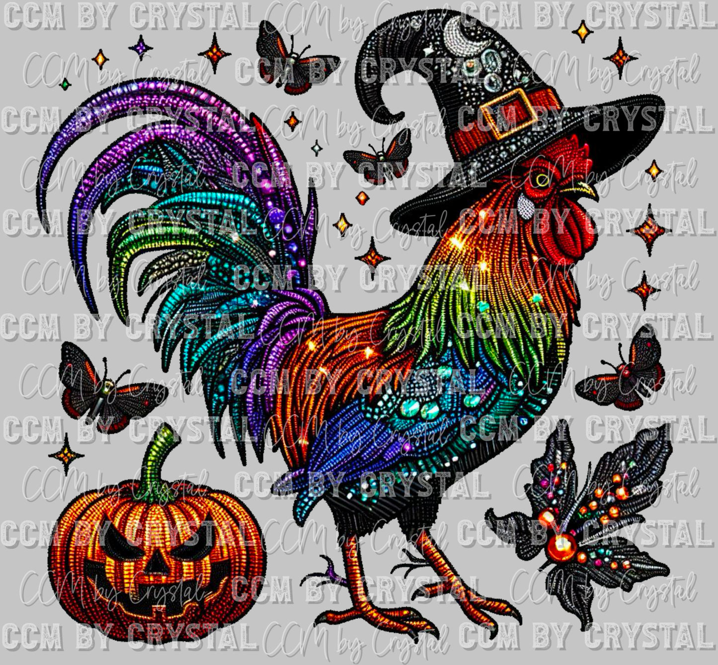 Halloween Rooster Faux Rhinestone Effect Ready to Press Transfer