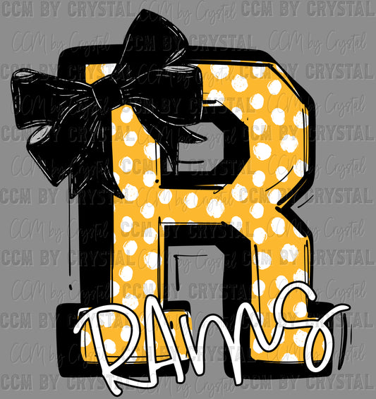 R Rams Dots yellow Mascot Ready to Press Transfer DTF Transfer Sublimation Transfer