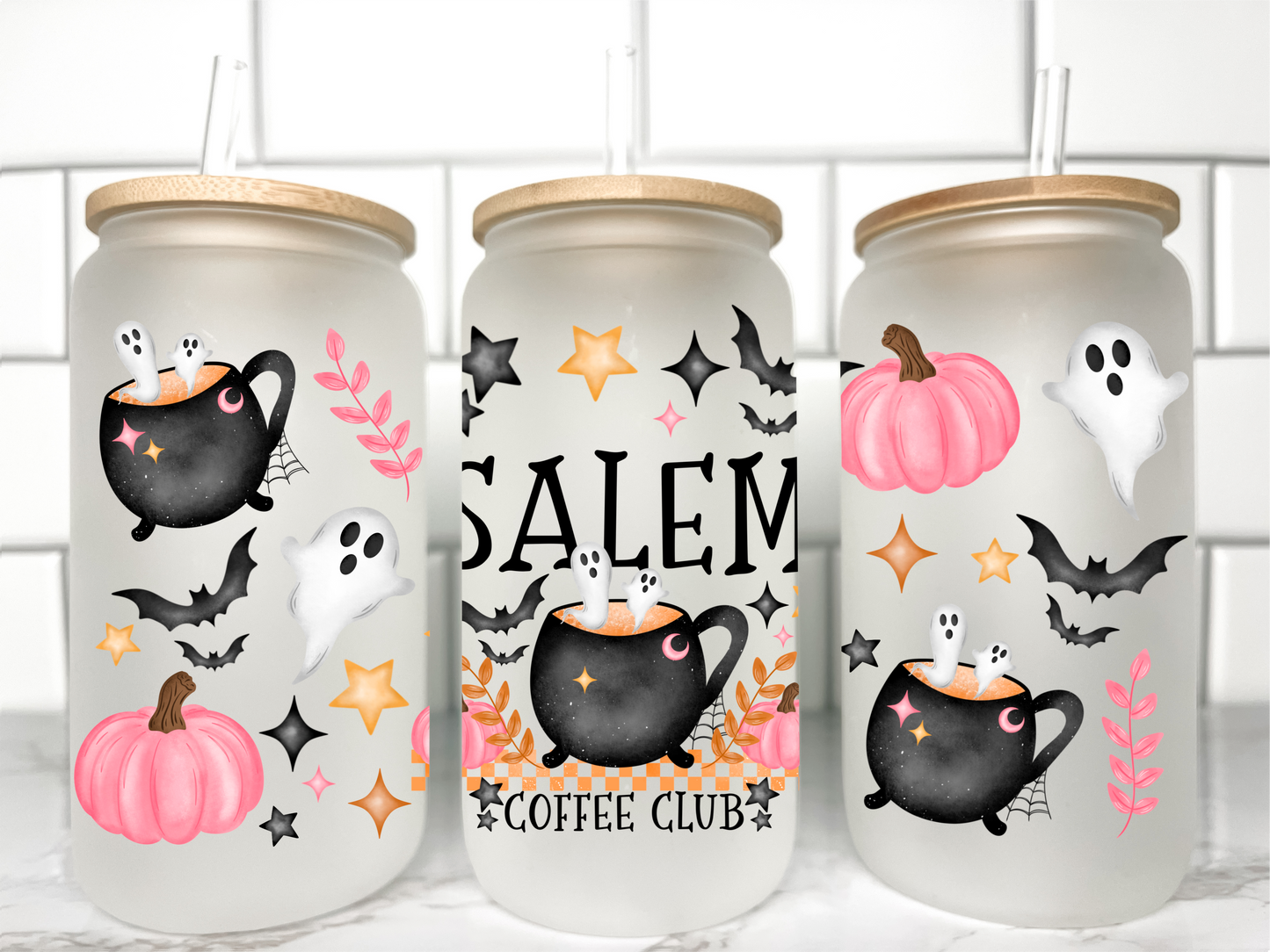 Halloween Salem Coffee Club UV Transfer 16oz Libby Glass Can Wrap Ready to Apply