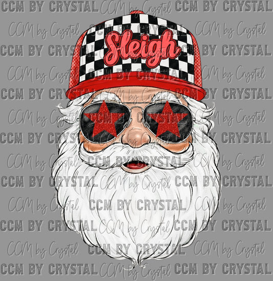 Santa with Sunglasses Sleigh Christmas Checkered Faux Fake Glitter Ready to Press Transfer DTF Transfer Sublimation Transfer