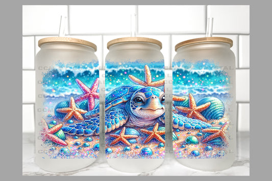 Sea Turtle Summertime Transfer 16oz Libby Glass Can Wrap Ready to Apply