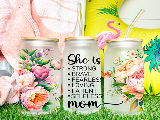 She is Mom UV DTF Transfer 16oz Libby Glass Can Wrap Ready to Apply