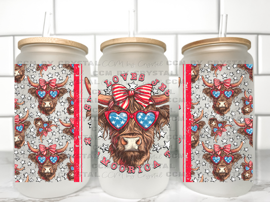 She Loves Jesus and America Too Highland Cow USA UV Transfer 16oz Libby Glass Can Wrap Ready to Apply