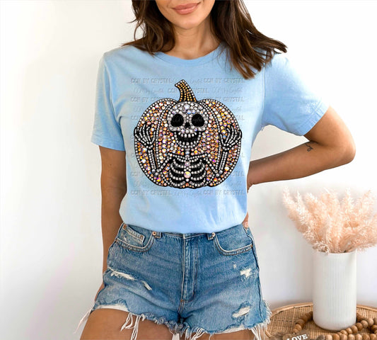 Halloween Pumpkin Skeleton Faux Rhinestones Ready to Press Transfer