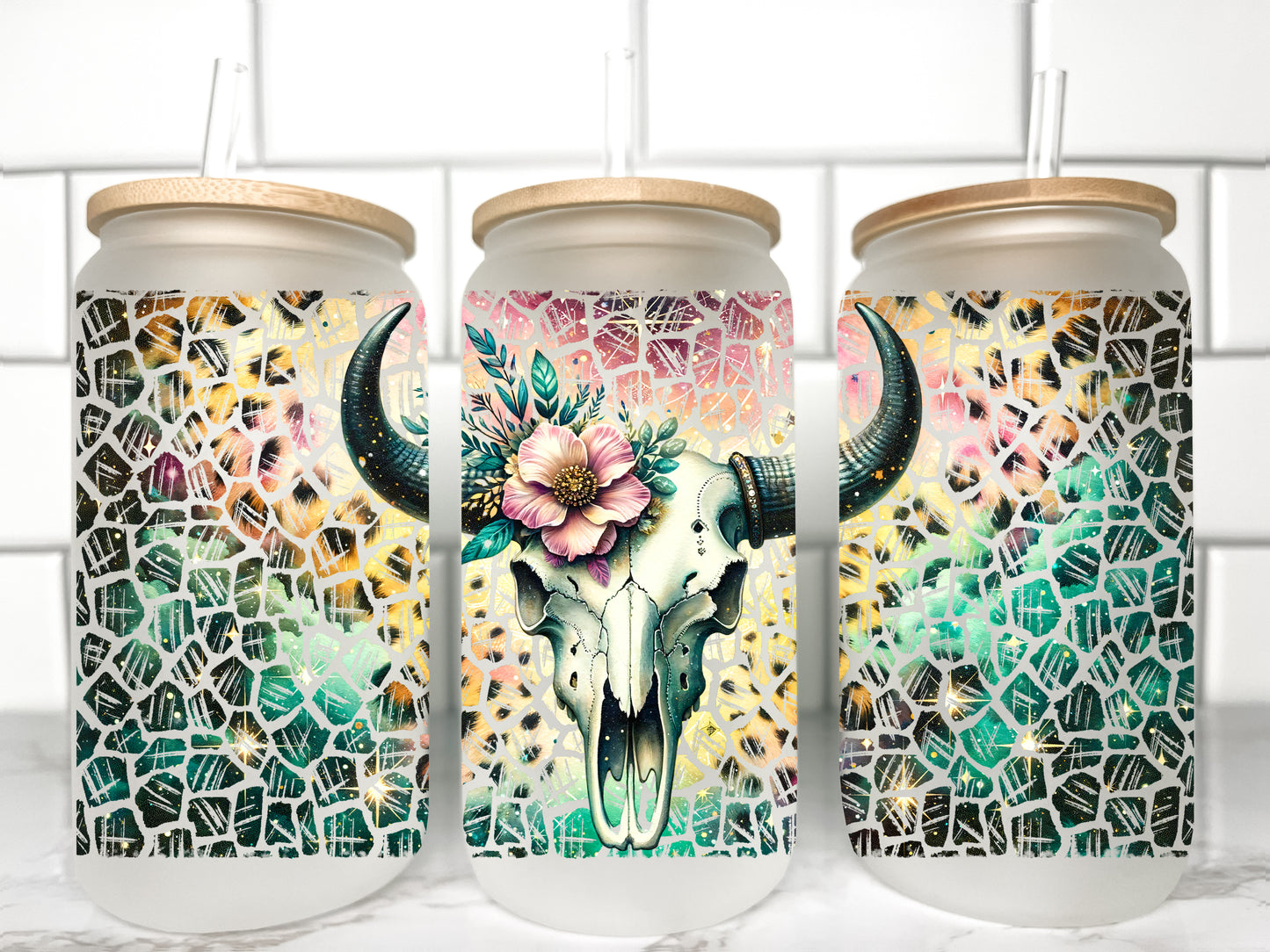 Bull Skull UV Transfer 16oz Libby Glass Can Wrap Ready to Apply