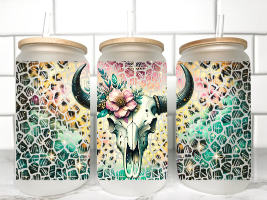 Bull Skull UV Transfer 16oz Libby Glass Can Wrap Ready to Apply