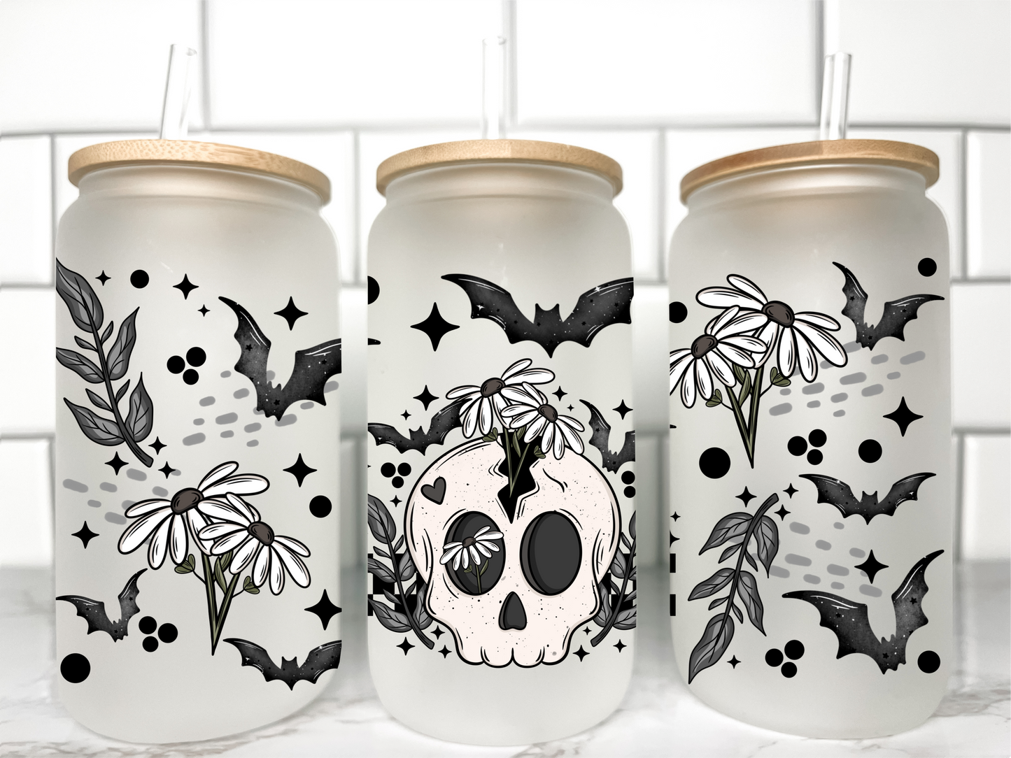 Halloween Skull with Bats UV Transfer 16oz Libby Glass Can Wrap Ready to Apply