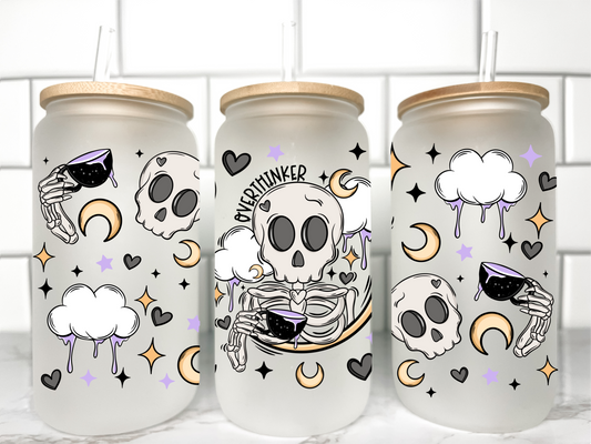 Halloween Skull Overthinker UV Transfer 16oz Libby Glass Can Wrap Ready to Apply