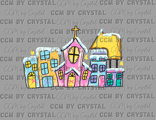 Small Town Christmas Winter Snow Stars Christianity Cross Ready to Press Transfer DTF Transfer Sublimation Transfer