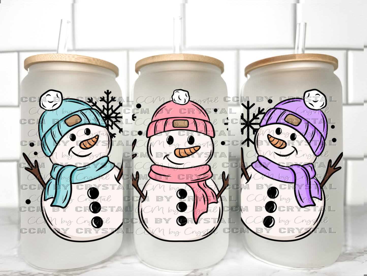 Pastel Snowmen Winter Christmas UV Transfer 16oz Libby Glass Can Wrap Ready to Apply