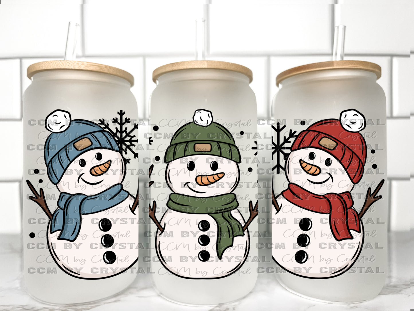 Traditional Snowmen Winter Christmas UV Transfer 16oz Libby Glass Can Wrap Ready to Apply