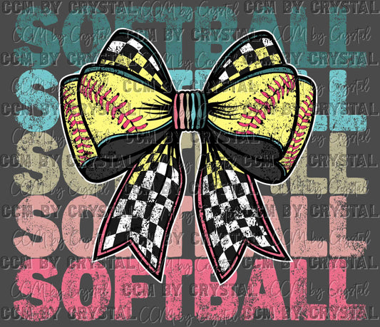 Softball Checkered Bow Ready to Press Transfer DTF Transfer Sublimation Transfer