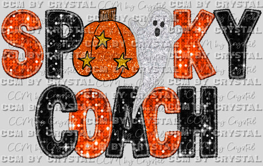 Spooky Coach Faux Embroidery Faux Sequins Halloween Fall Ready to Press Transfer
