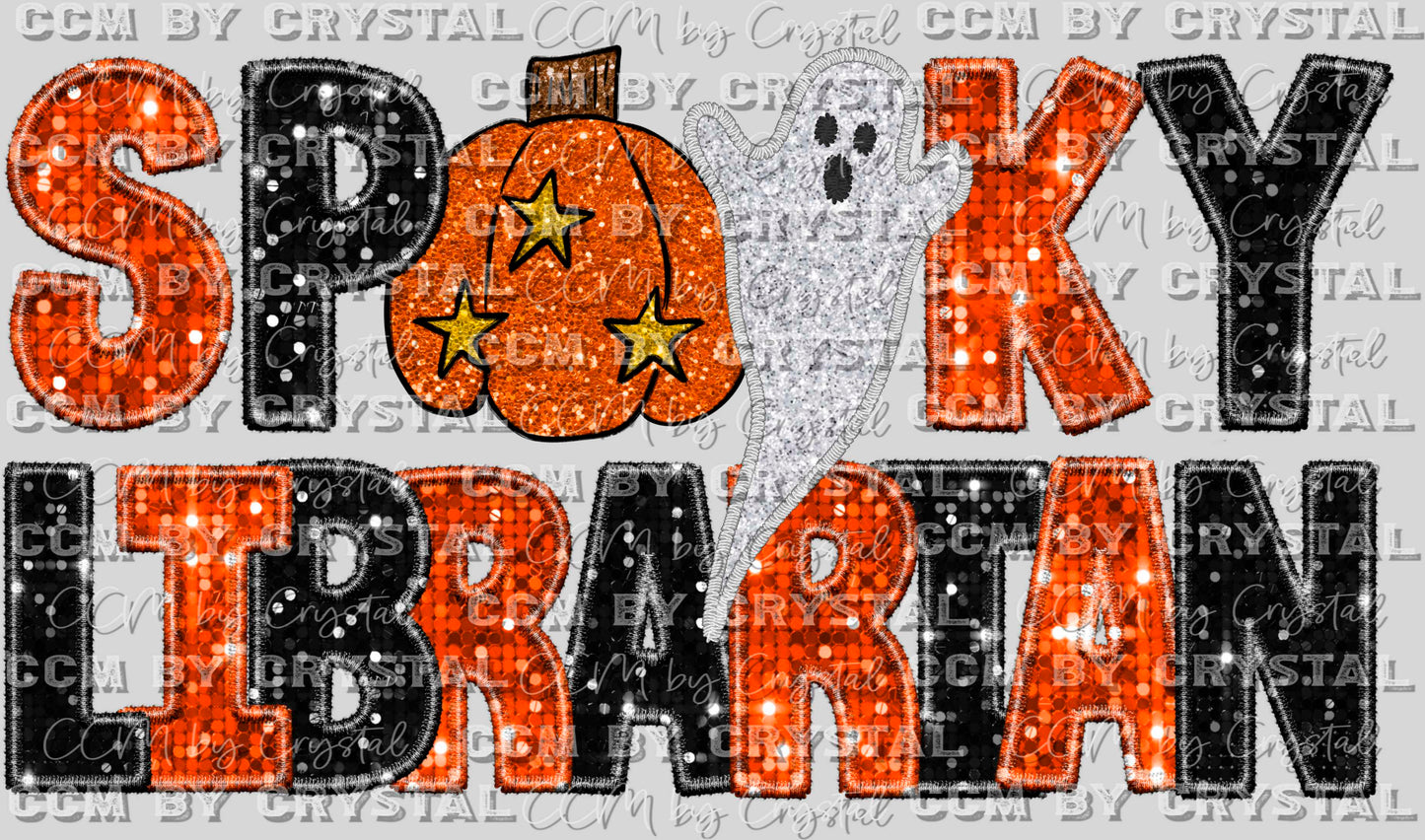 Spooky Librarian Faux Embroidery Faux Sequins Halloween Fall Ready to Press Transfer