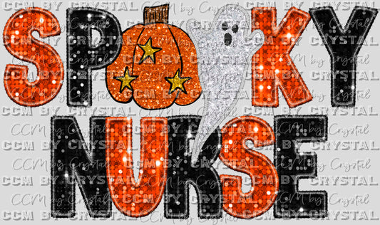 Spooky Nurse Halloween Faux Sequins Faux Embroidery Ready to Press Transfer