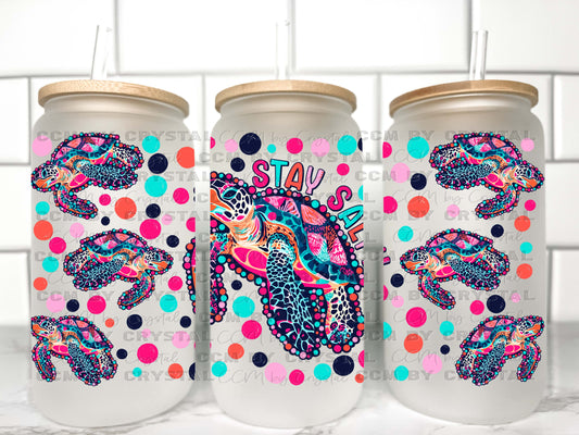 Stay Salty Sea Turtles Summer UV Transfer 16oz Libby Glass Can Wrap Ready to Apply