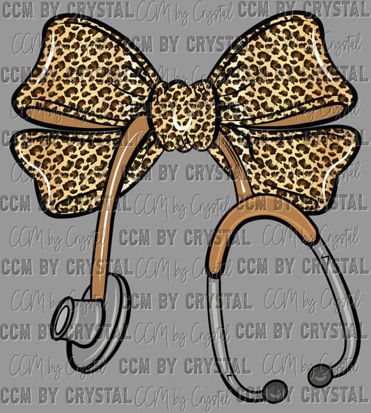 Bow Stethoscope Dark Leopard Nurse Ready to Press Transfer DTF Transfer Sublimation Transfer