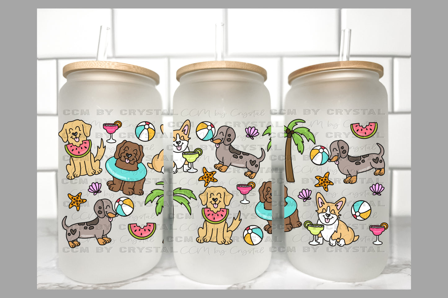 Summer Dogs UV Transfer 16oz Libby Glass Can Wrap Ready to Apply