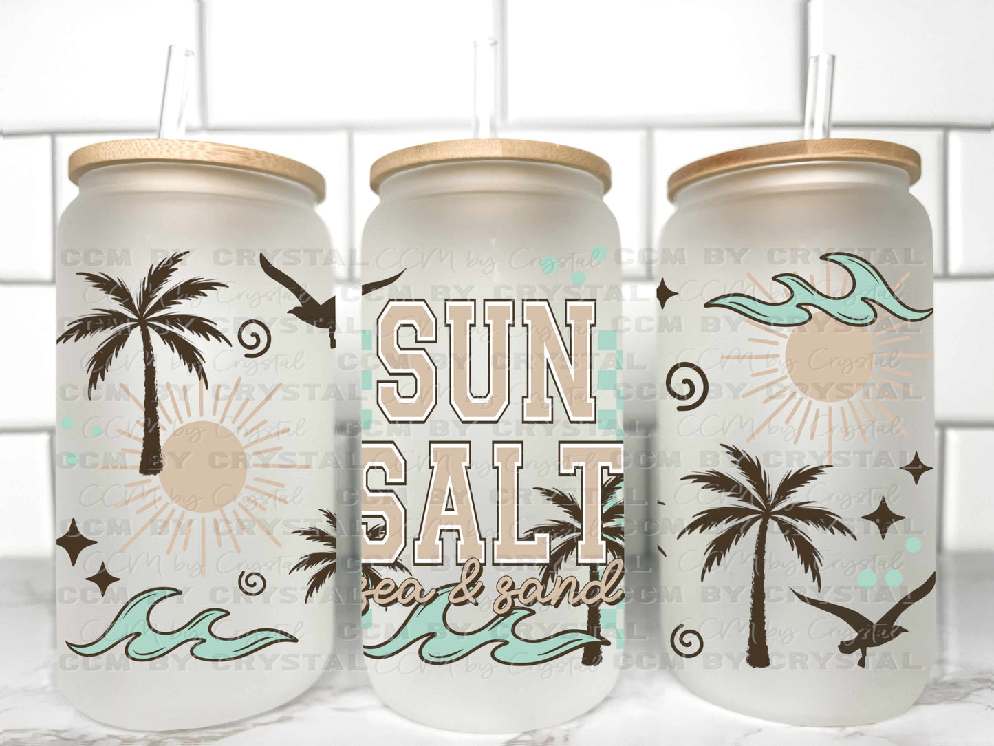 Sun Salt Sea & Sand Summer Beach UV Transfer 16oz Libby Glass Can Wrap Ready to Apply
