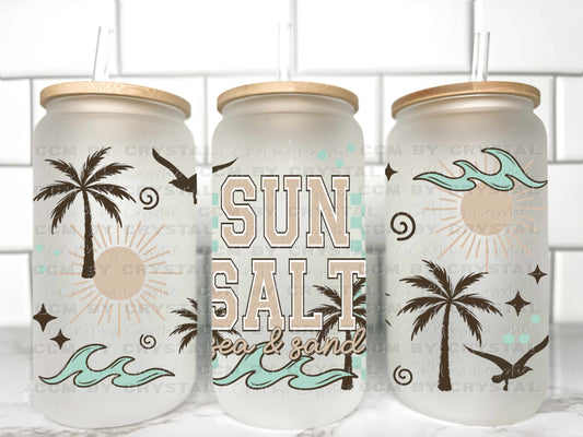 Sun Salt Sea & Sand Summer Beach UV Transfer 16oz Libby Glass Can Wrap Ready to Apply