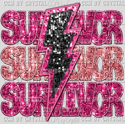 Survivor Breast Cancer Awareness Faux Sequins Faux Embroidery Ready to Press Transfer