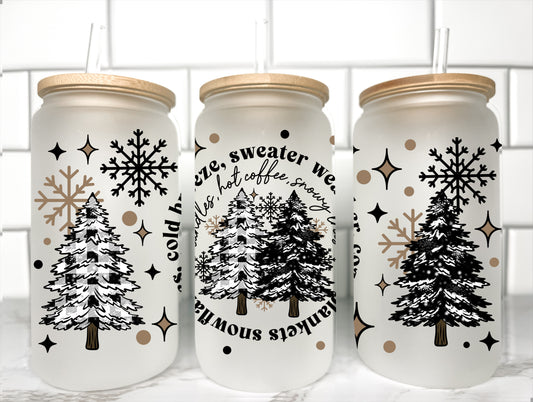 Christmas Winter Sweater Weather Trees UV Transfer 16oz Libby Glass Can Wrap Ready to Apply