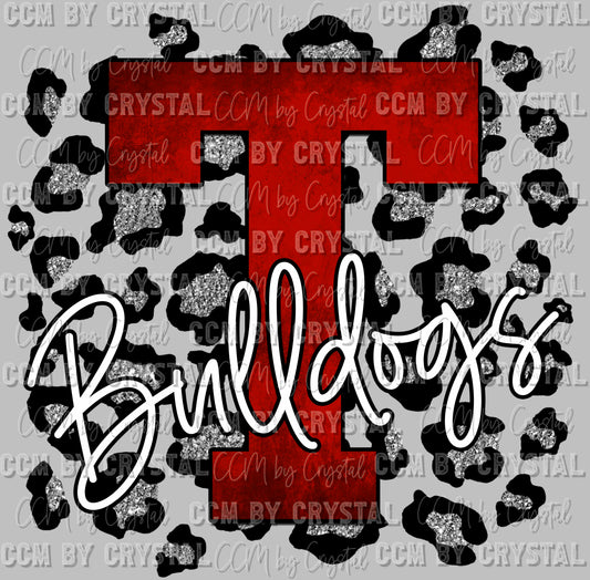 T Bulldogs Red with Silver Leopard background Ready To Press Transfer