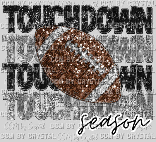 Touchdown Season Black and Silver Football Faux Sequins Faux Embroidery Ready to Press Transfer