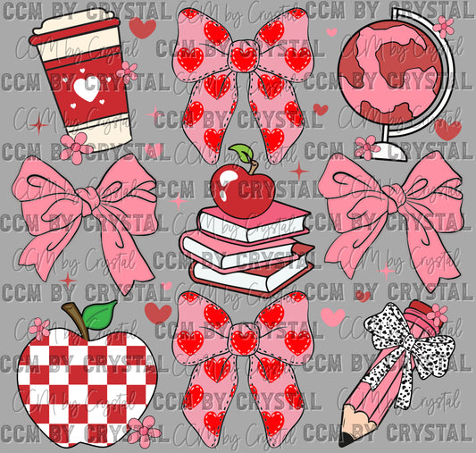 Teacher School Coquette Valentines Day Ready to Press Transfer DTF Transfer Sublimation Transfer