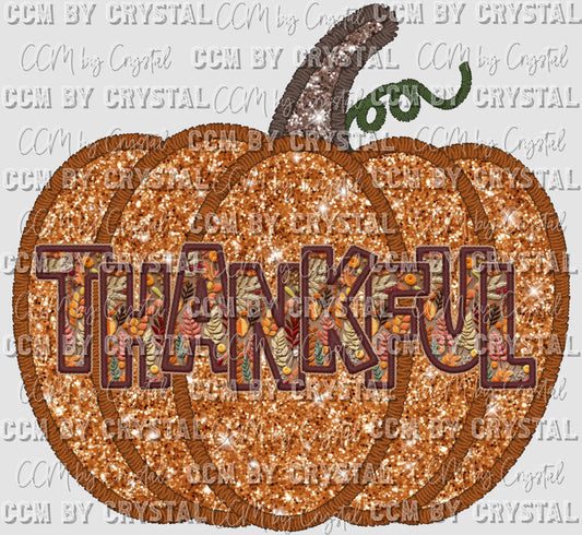 Thankful Pumpkin Fauz Embroidery Fall Thanksgiving Ready to Press Transfer