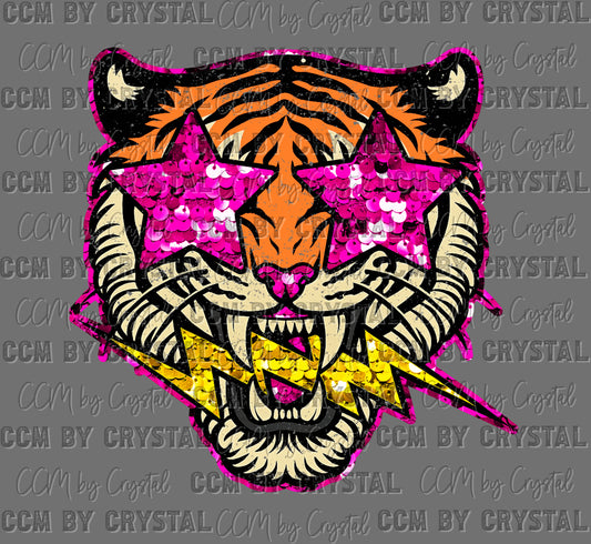 Tiger Head Faux Sequins Ready to Press Instant Peel DTF Transfers Sublimation Transfers