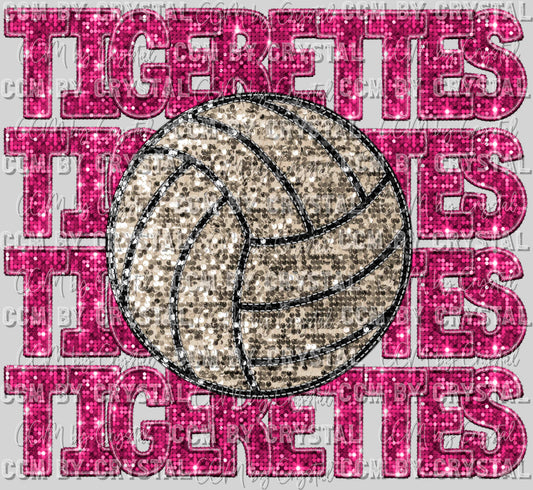 Tigerettes Volleyball Pink Out Faux Embroidery Faux Sequins Mascot Ready to Press Transfer