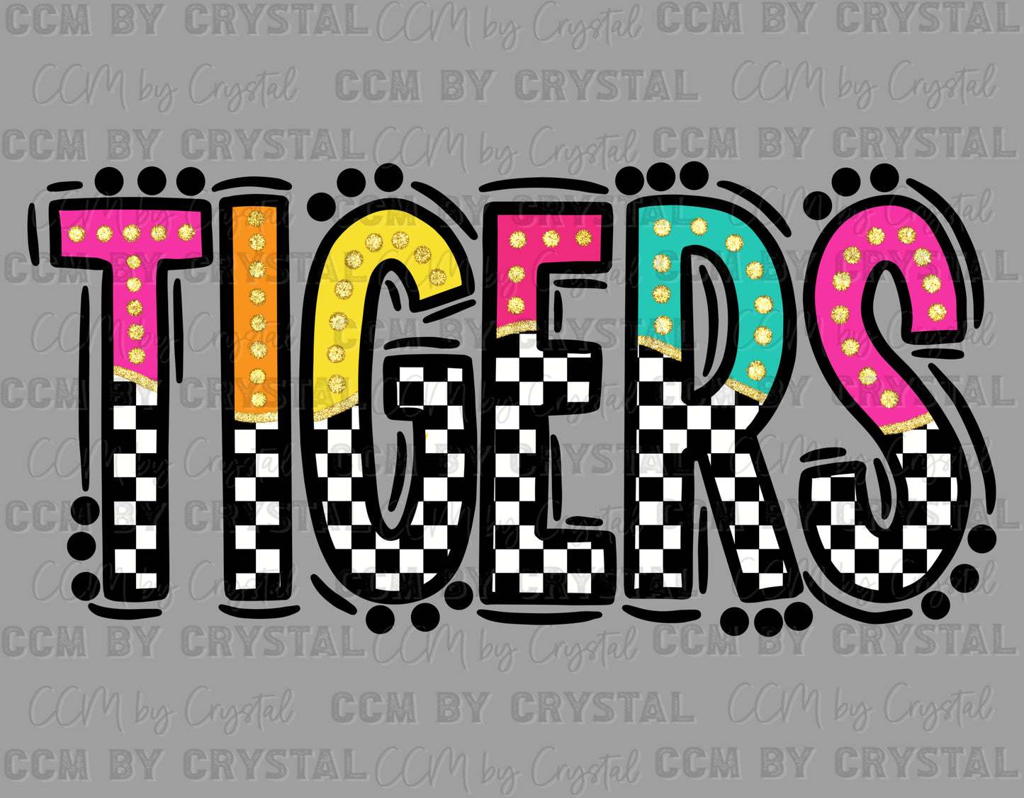 Tigers Colorful Checkered Mascot Ready to Press Transfer DTF Transfer Sublimation Transfer