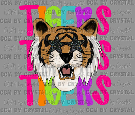 Tigers Colorful Mascot Faux Glitter Ready to Press Transfer DTF Transfer Sublimation Transfer