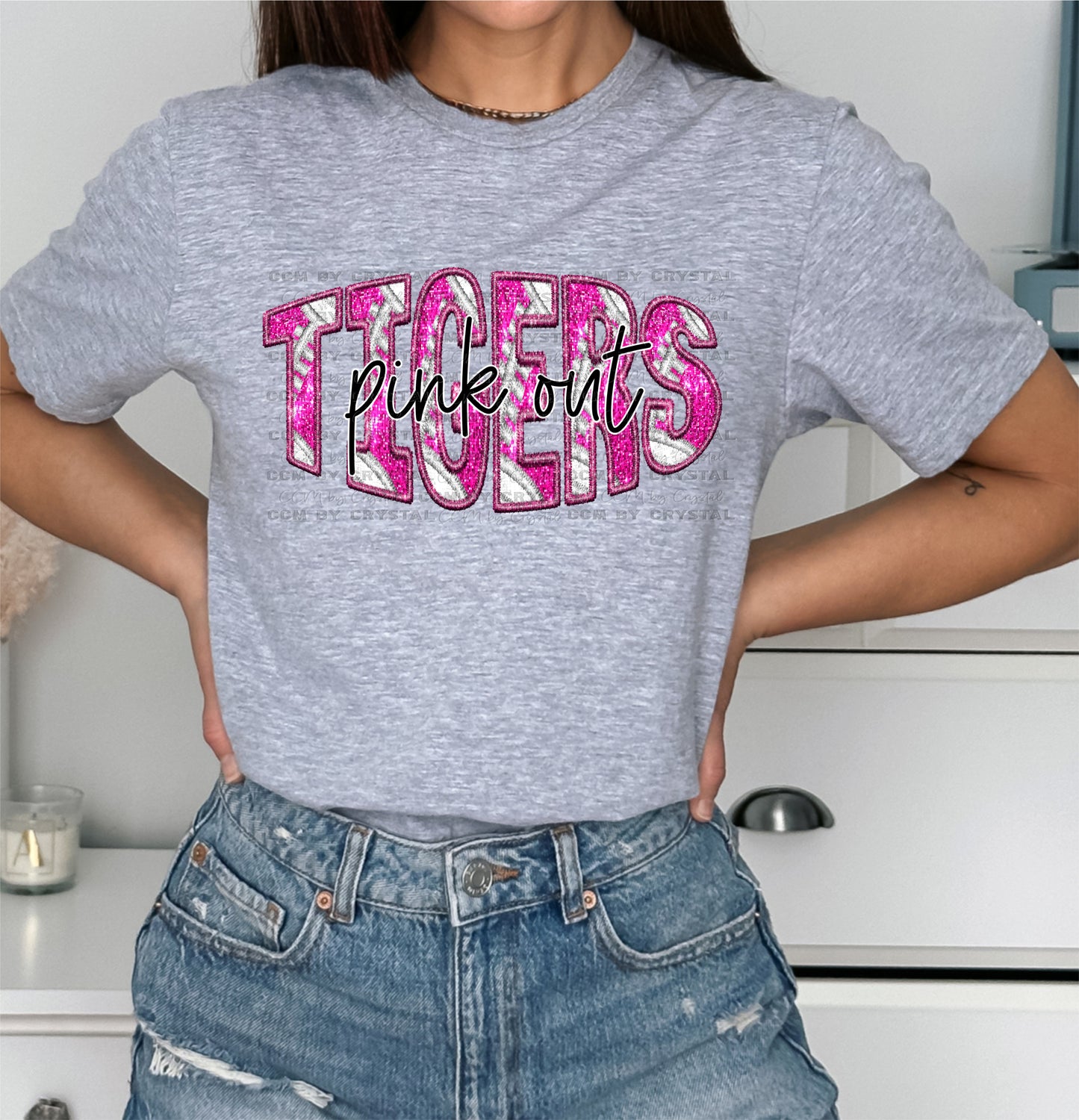 Pink Out Tigers Faux Glitter Gildan Softstyle T-Shirt